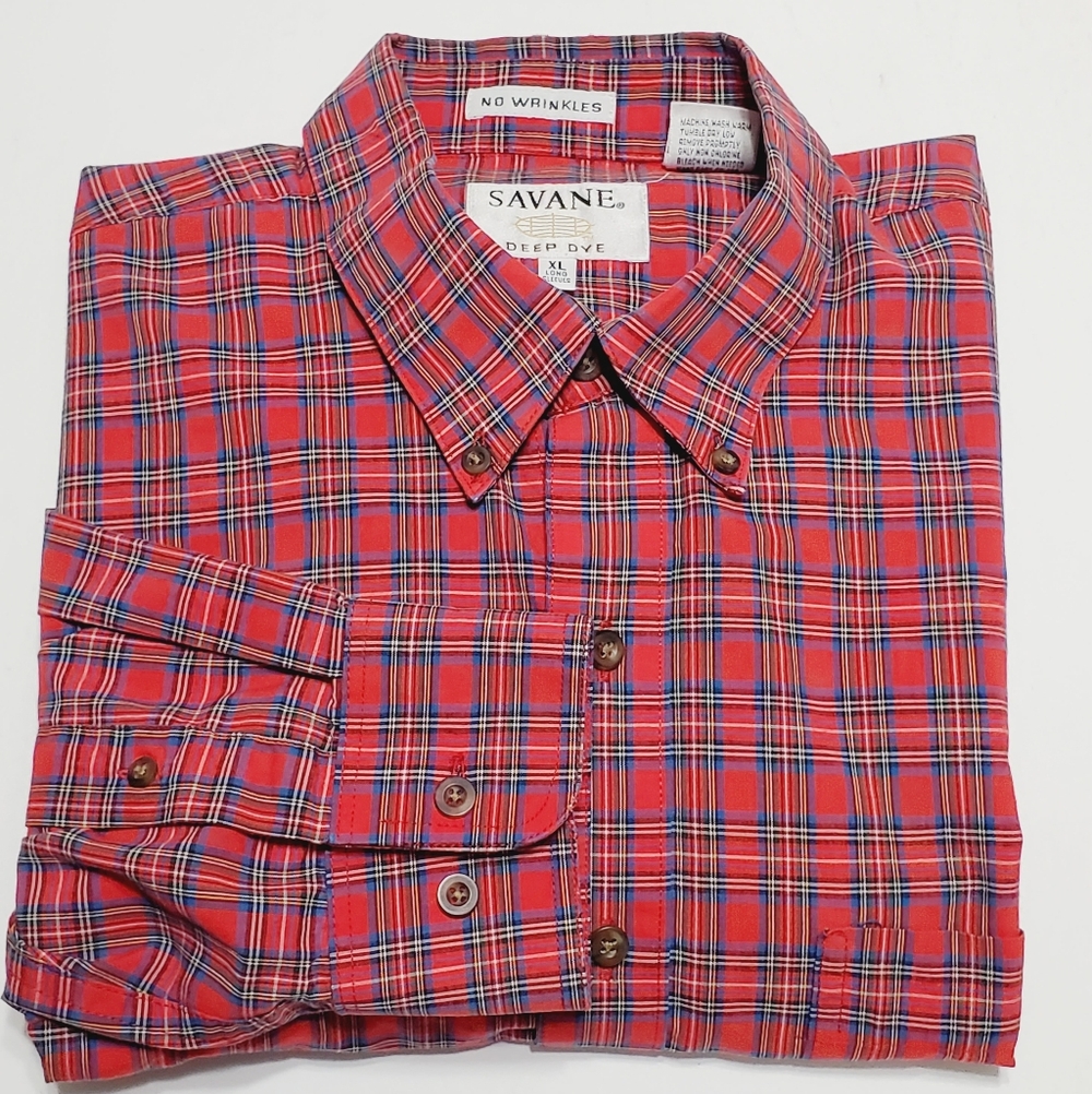 Savane Red Plaid Men's Casual Long Sleeve Shirt Process 2000 Deep Dye XL